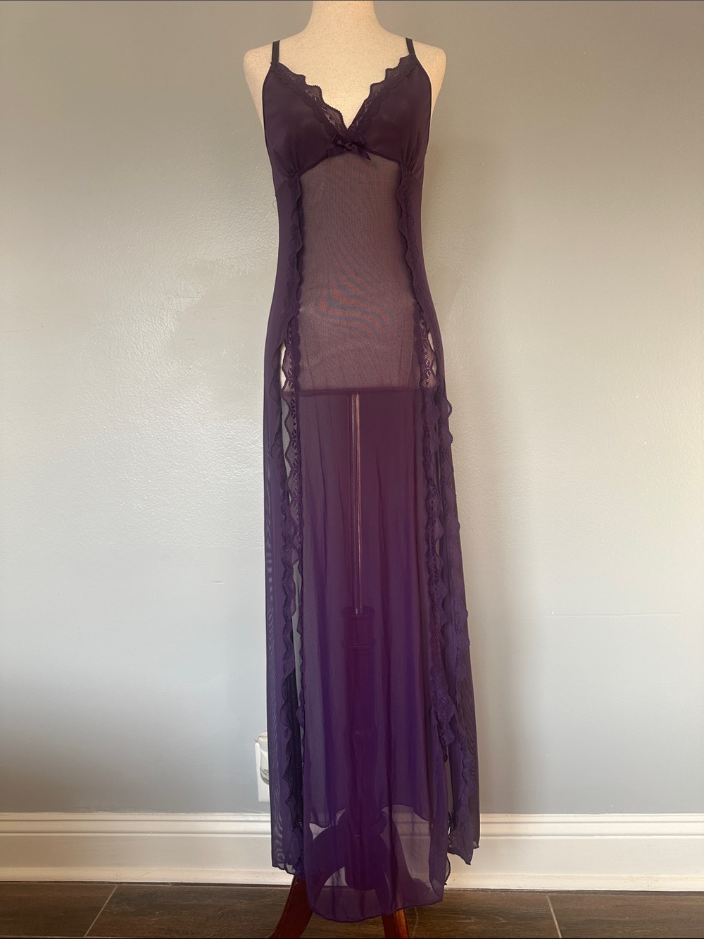 Sheer Lace-Trim Purple Long Chemise Slip